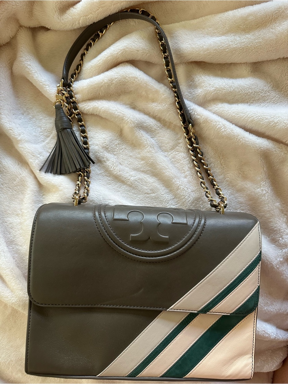Tory Burch Olive Leather Shoulder Bag with Cream and Dark Green Stripes